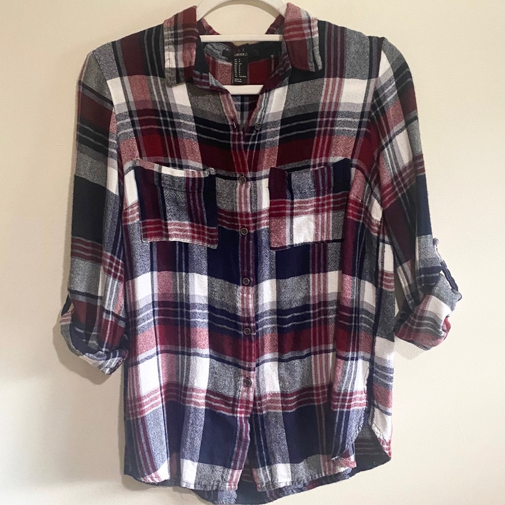 Forever 21 Super Soft Plaid Flannel 3/4 Sleeve Black/Grey/Maroon/White Small